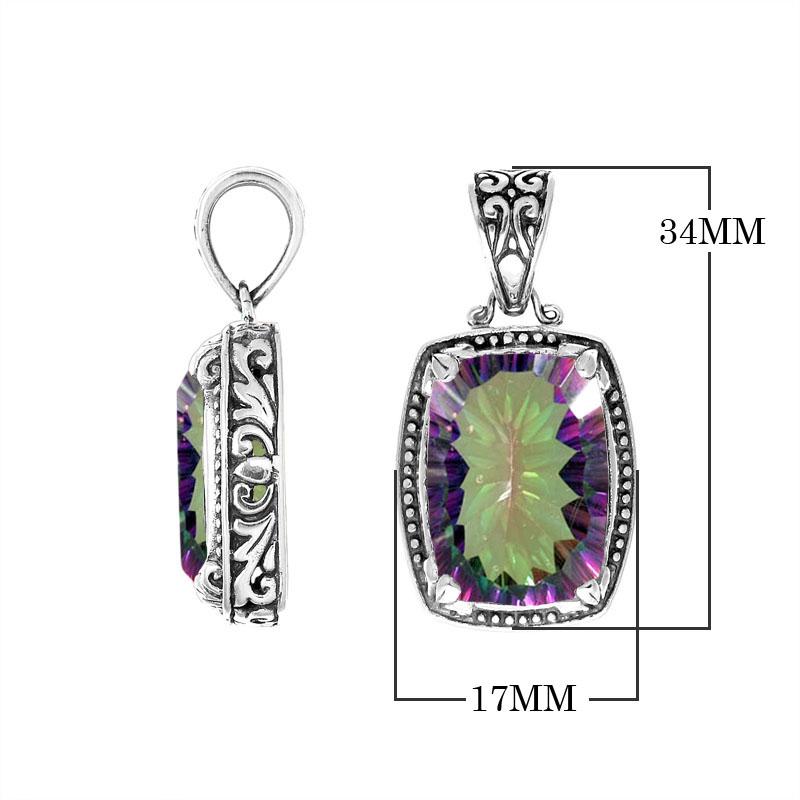 Mystic Topaz Quartz rectangular pendant in 925 sterling silver with Balinese handcrafted detailing, wholesale jewelry.
