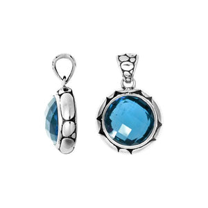 Round Blue Topaz Quartz Pendant In Sterling Silver With Textured Border