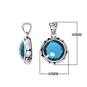 Round Blue Topaz Quartz Pendant In Sterling Silver With Textured Border