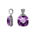 Amethyst Quartz cushion-cut pendant in 925 sterling silver with Balinese handcrafted detailing, wholesale jewelry.