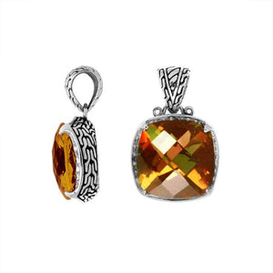 Citrine Quartz cushion-cut pendant in polished 925 sterling silver featuring a radiant golden hue and detailed textured frame design for elegant wholesale jewelry collections.