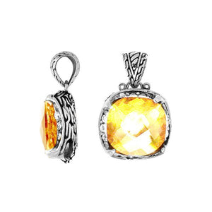 Sterling silver lemon quartz cushion pendant with cubic zirconia accents and oxidized finish