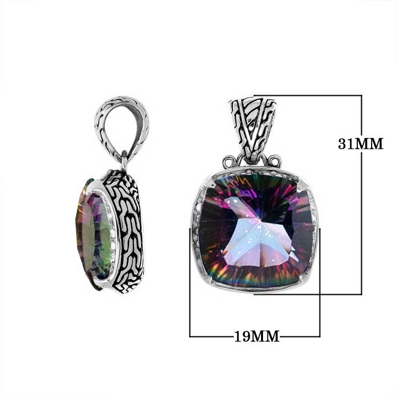 Mystic Topaz Quartz cushion pendant in 925 sterling silver with Balinese handcrafted detailing, wholesale jewelry.