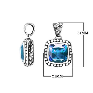 Blue Topaz Quartz cushion pendant in sterling silver with Balinese handcrafted detailing, wholesale jewelry.