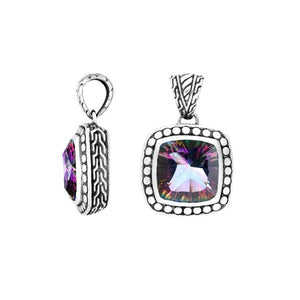 Mystic Topaz Quartz cushion pendant in sterling silver with Balinese handcrafted detailing, wholesale jewelry.