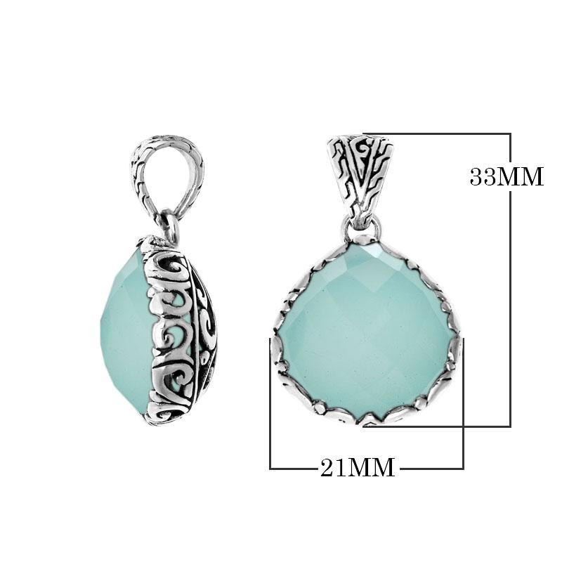 Wholesale Green Chalcedony Quartz Pendant in 925 Sterling Silver, handcrafted in Bali with artisan Balinese scrollwork design