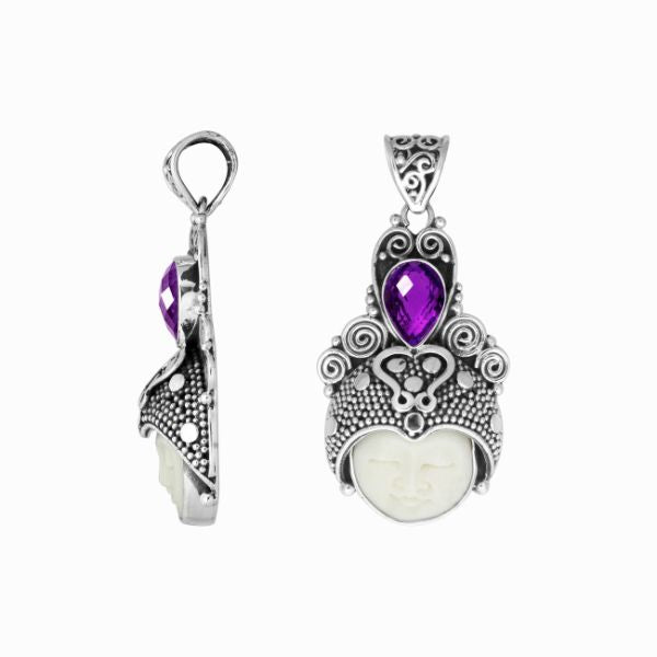 AP-6153-CO1 Sterling Silver Pendant With Bone Face, Amethyst Jewelry Bali Designs Inc 