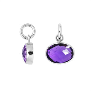 Sterling Silver oval pendant charm featuring a faceted Amethyst Quartz stone with polished finish