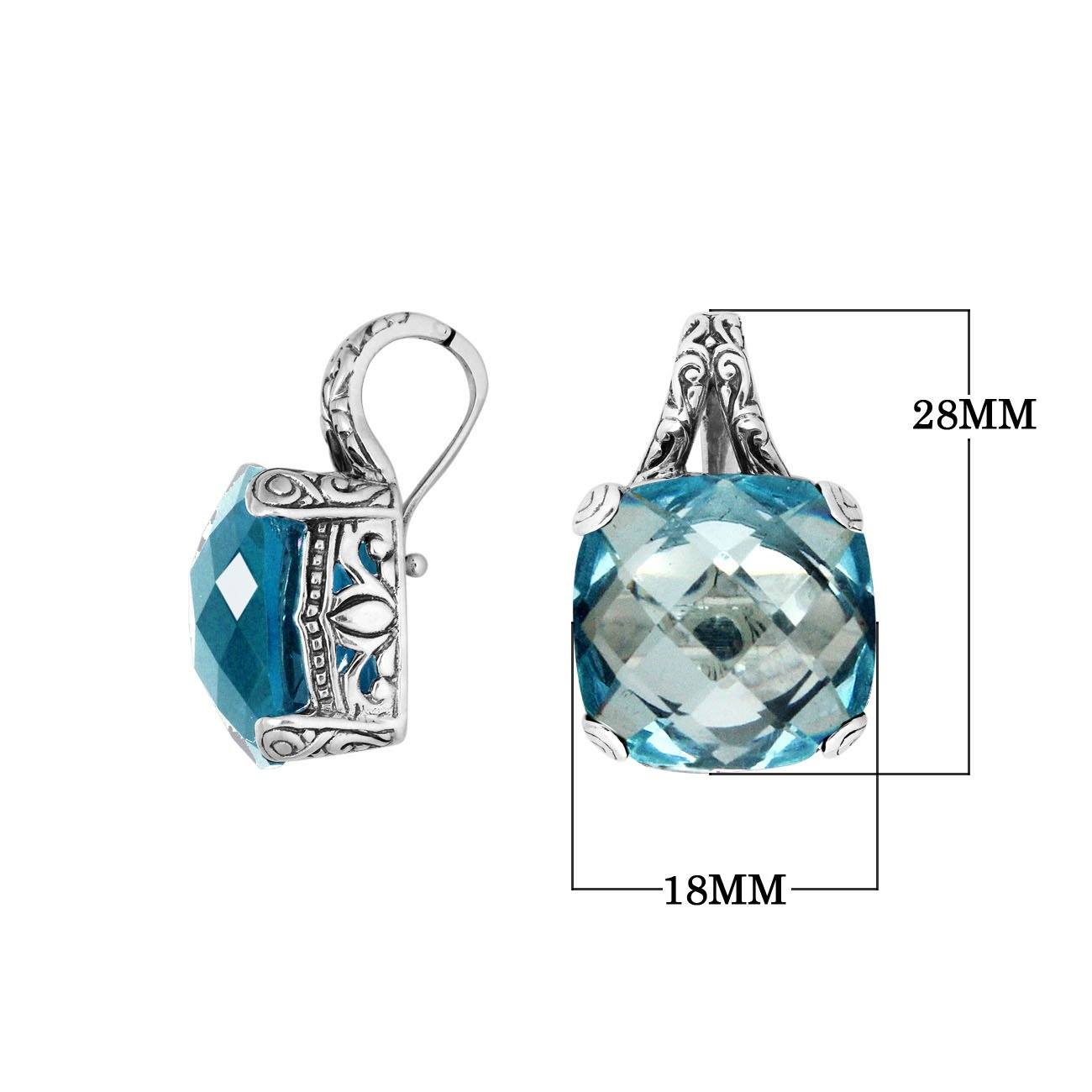 Sterling Silver cushion-cut Blue Topaz Quartz pendant with detailed filigree design