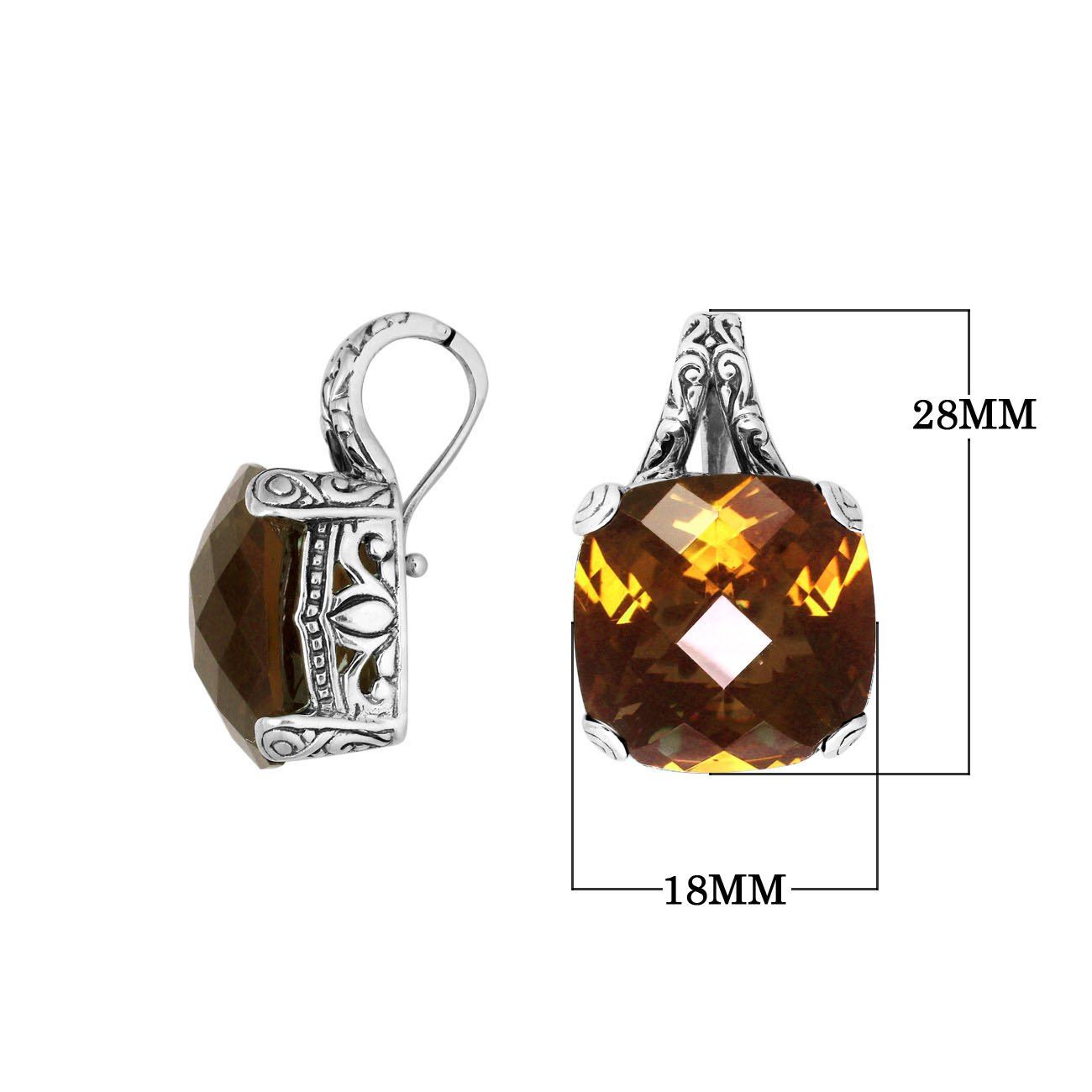 Sterling Silver cushion-cut Citrine Quartz pendant with intricate filigree detailing