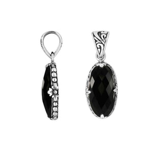 Sterling silver oval pendant with polished Black Onyx stone and antique Bali floral detailing