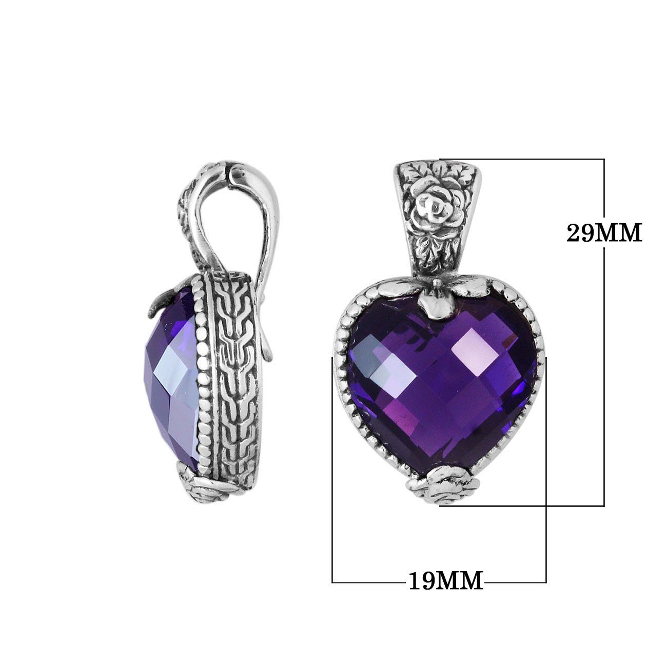 Amethyst Quartz 925 Silver Heart-Shaped Pendant With Floral Bali Design For Wholesale Jewelry Orders