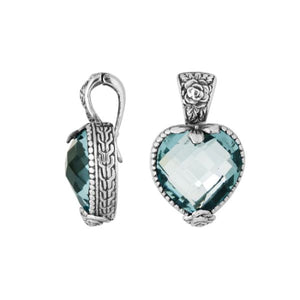 Blue Topaz Quartz 925 Silver Heart-Shaped Pendant With Floral Bali Design For Wholesale Jewelry Orders