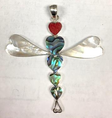 Abalone Shell, Red Coral, And Mother Of Pearl 925 Silver Dragonfly Pendant For Wholesale