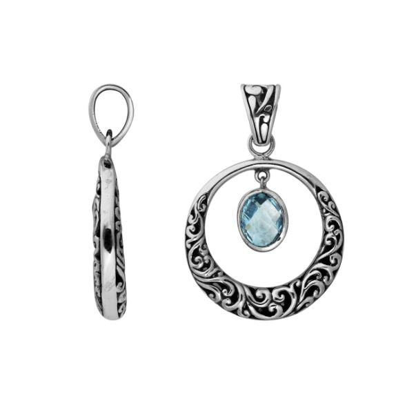 AP-6178-BT Sterling Silver Round Shape designer Pendant With Blue Topaz Jewelry Bali Designs Inc 