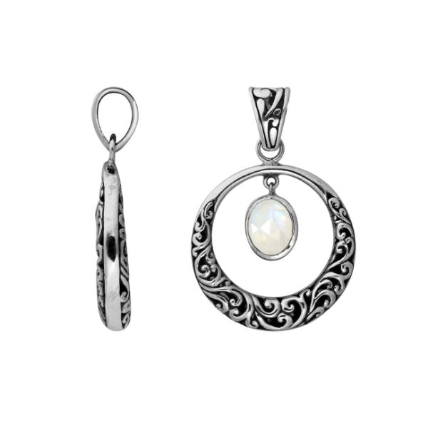 AP-6178-RM Sterling Silver Round Shape designer Pendant With Rainbow Moonstone Jewelry Bali Designs Inc 