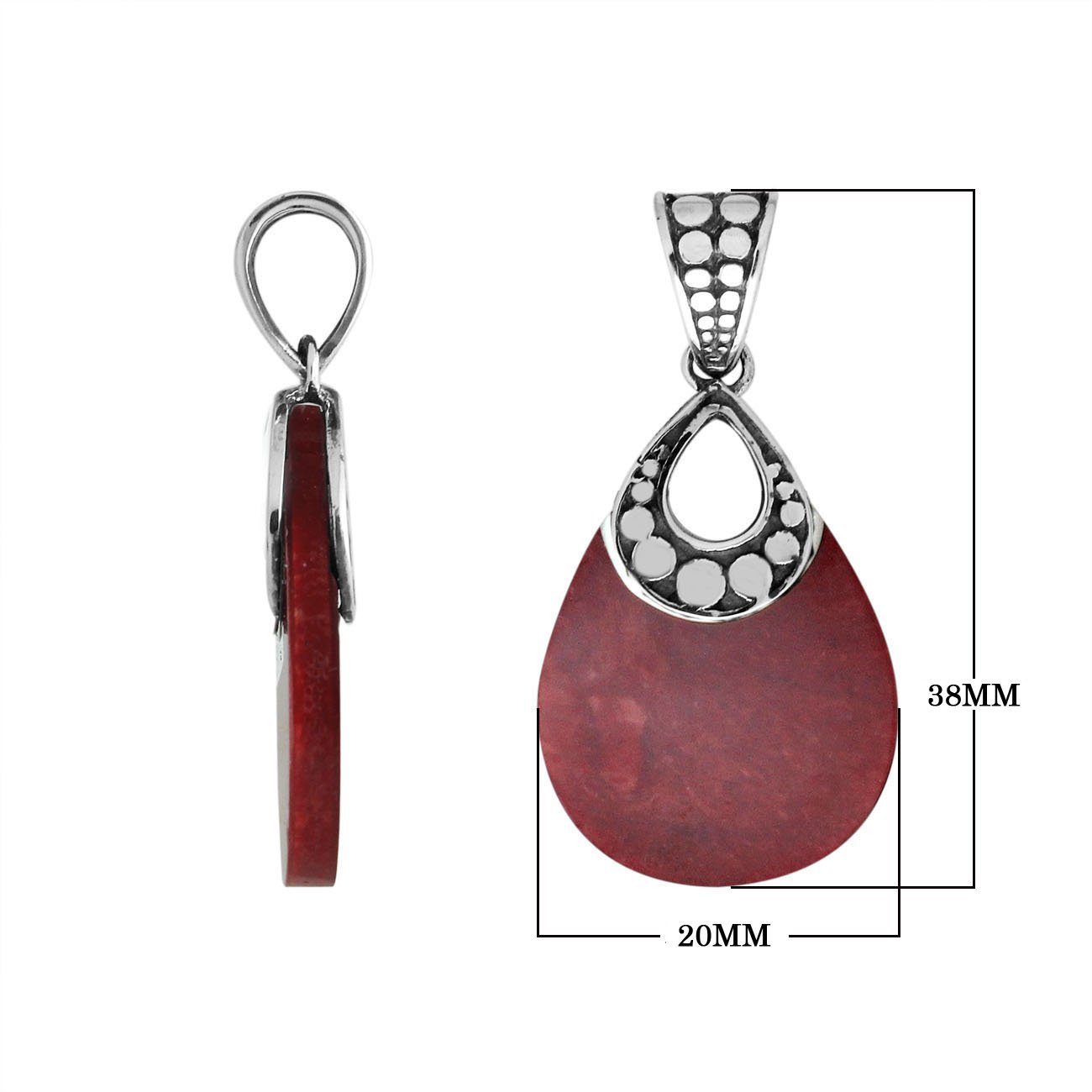 925 Sterling Silver Red Coral Teardrop Shape Dot Design Pendant For Wholesale