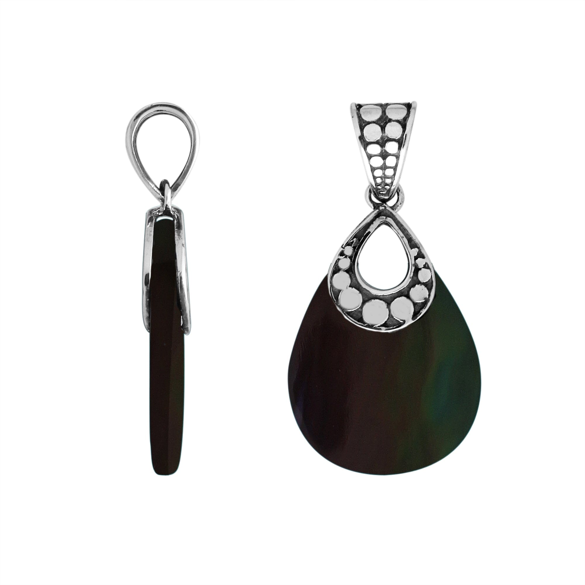 925 Sterling Silver Black Shell Teardrop Shape Dot Design Pendant For Wholesale