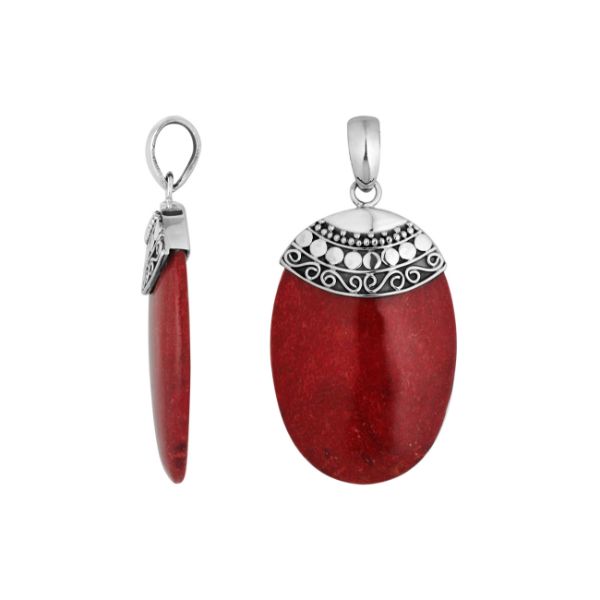 AP-6187-CR Sterling Silver Fancy Oval Shape Pendant With Coral Jewelry Bali Designs Inc 