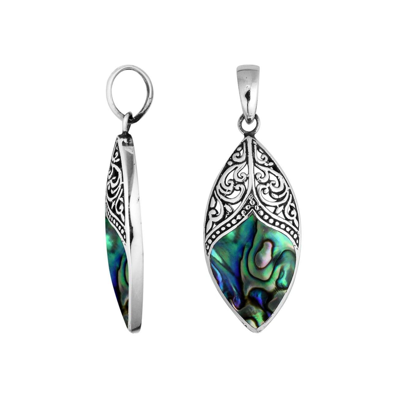 Abalone Shell Marquise Pendant With Silver Overlay Filigree Design