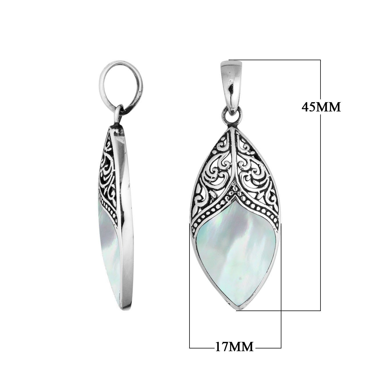 Handcrafted Mother Of Pearl Marquise Pendant With Silver Overlay Detailing