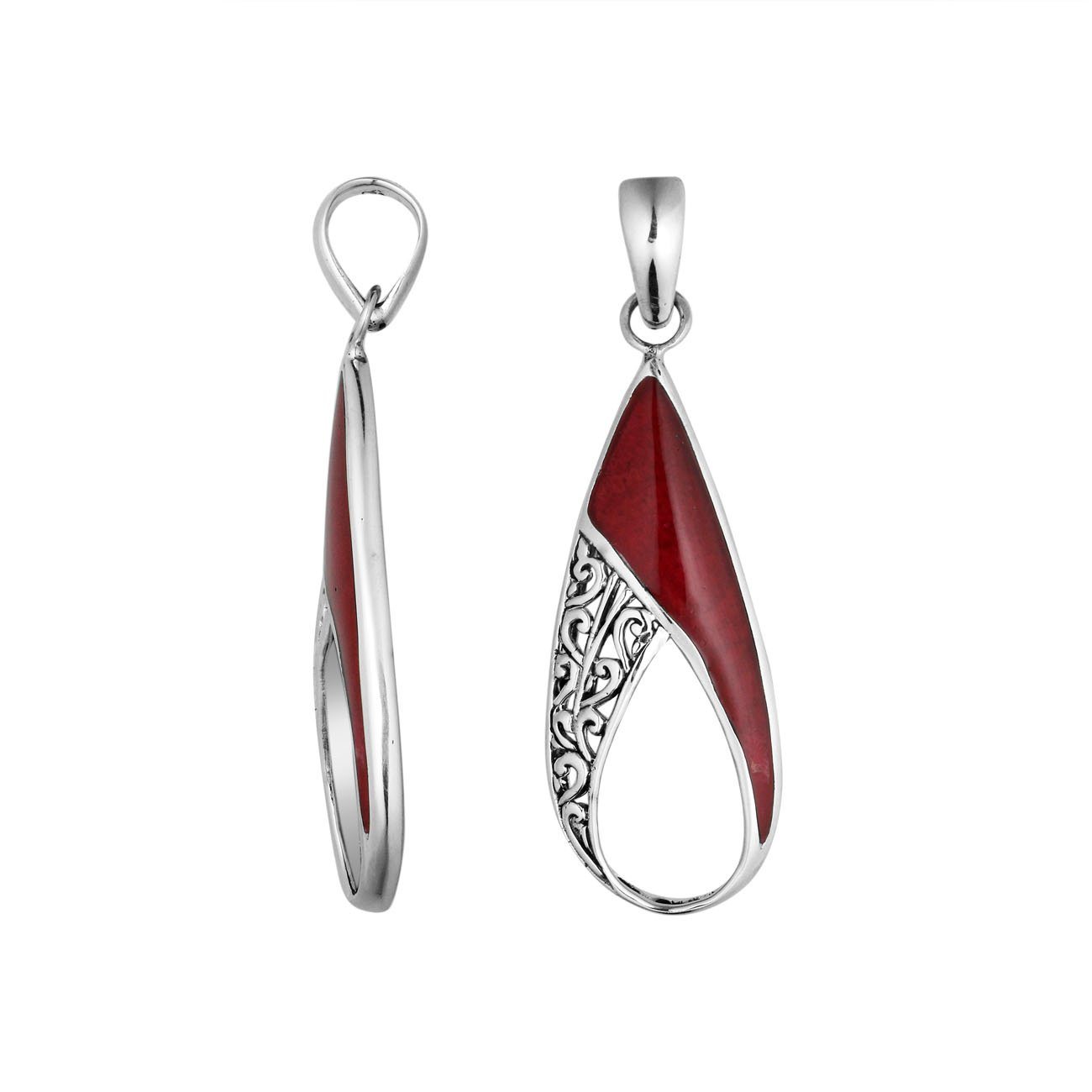 Handcrafted 925 Sterling Silver Open Teardrop Pendant With Red Coral Inlay