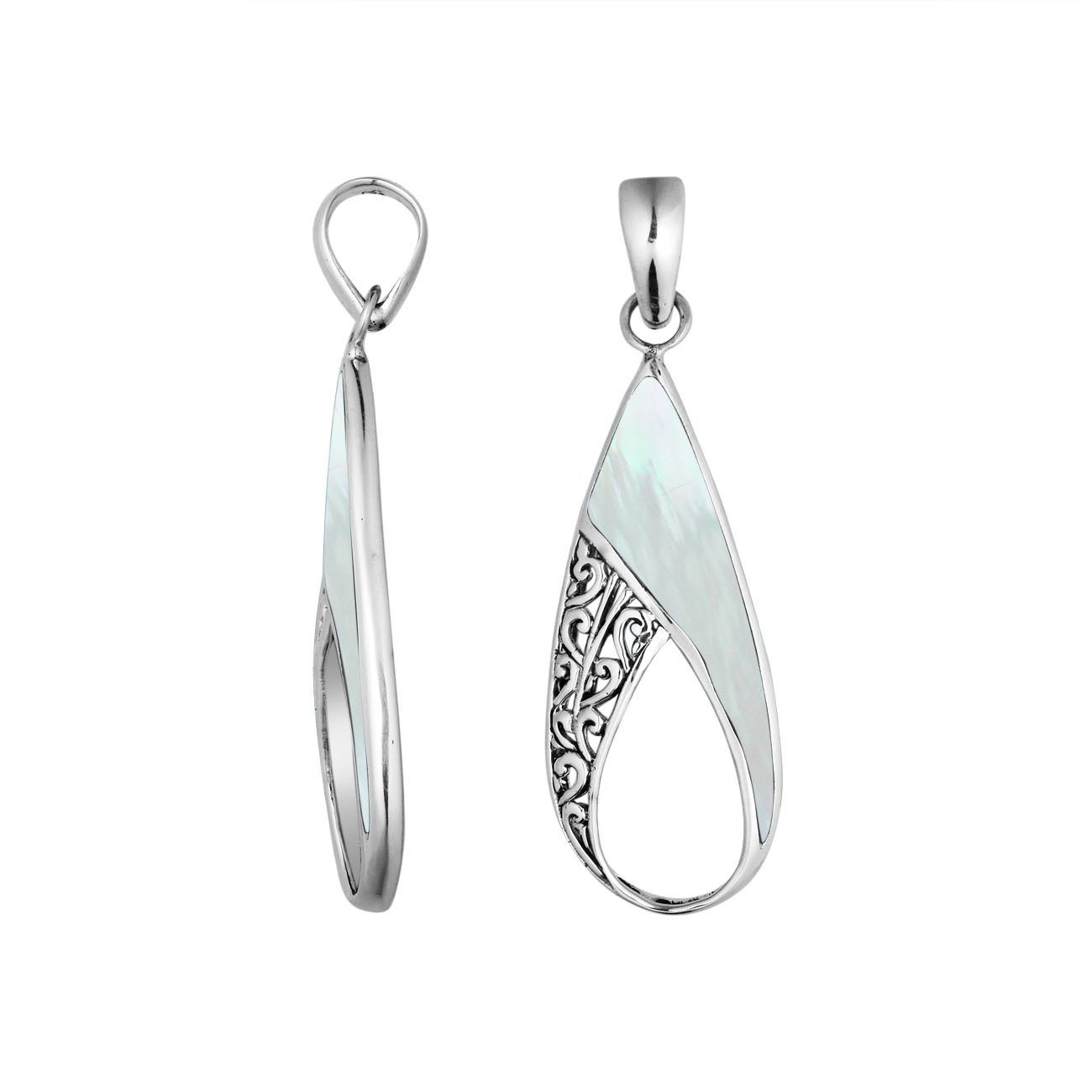 Handcrafted 925 Sterling Silver Open Teardrop Pendant With Mother Of Pearl Inlay