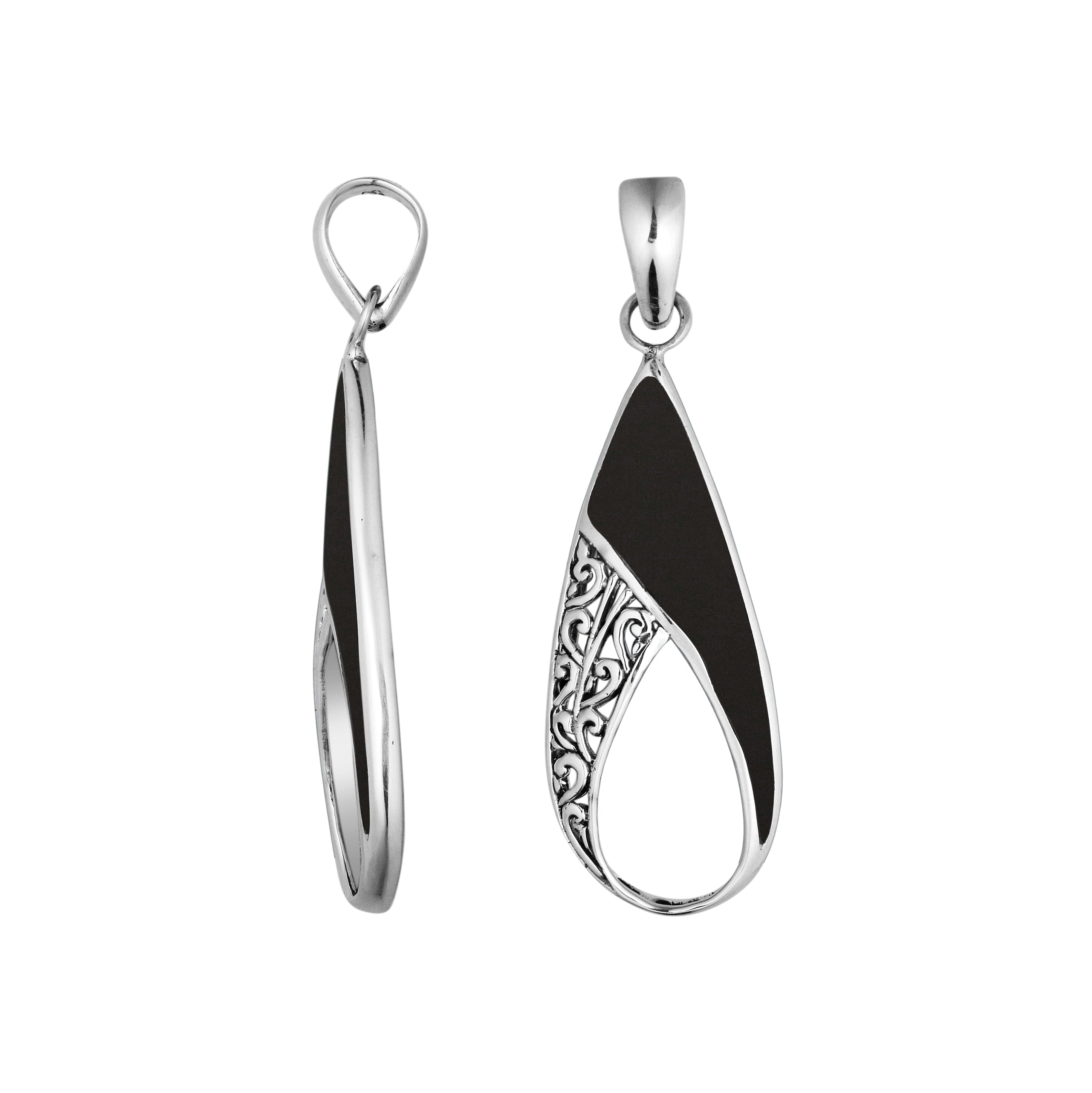 Handcrafted 925 Sterling Silver Open Teardrop Pendant With Black Shell Inlay