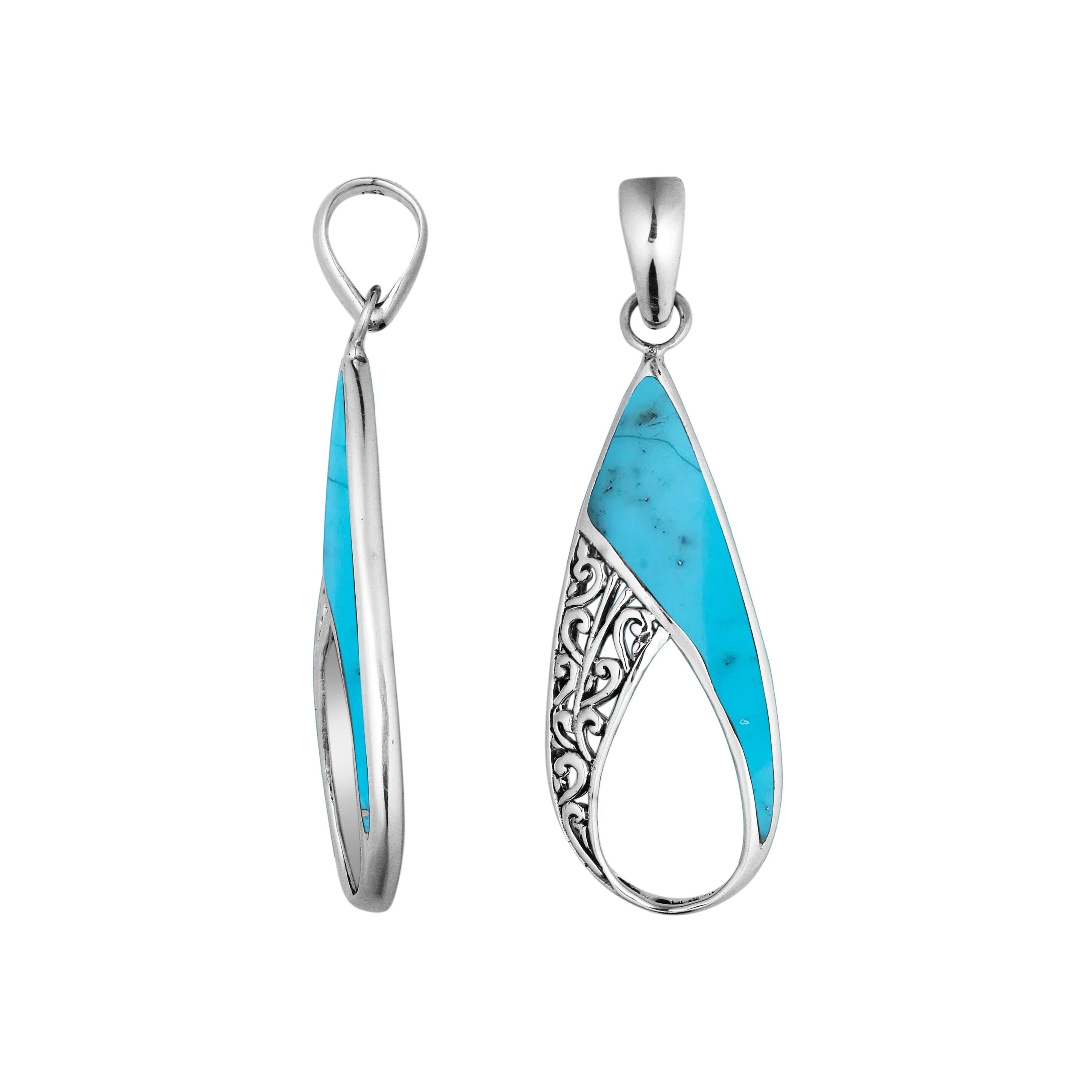 Handcrafted 925 Sterling Silver Open Teardrop Pendant With Turquoise Shell Inlay