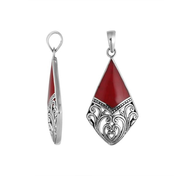 AP-6199-CR Sterling Silver Diamond Shape Pendant With Coral Jewelry Bali Designs Inc 