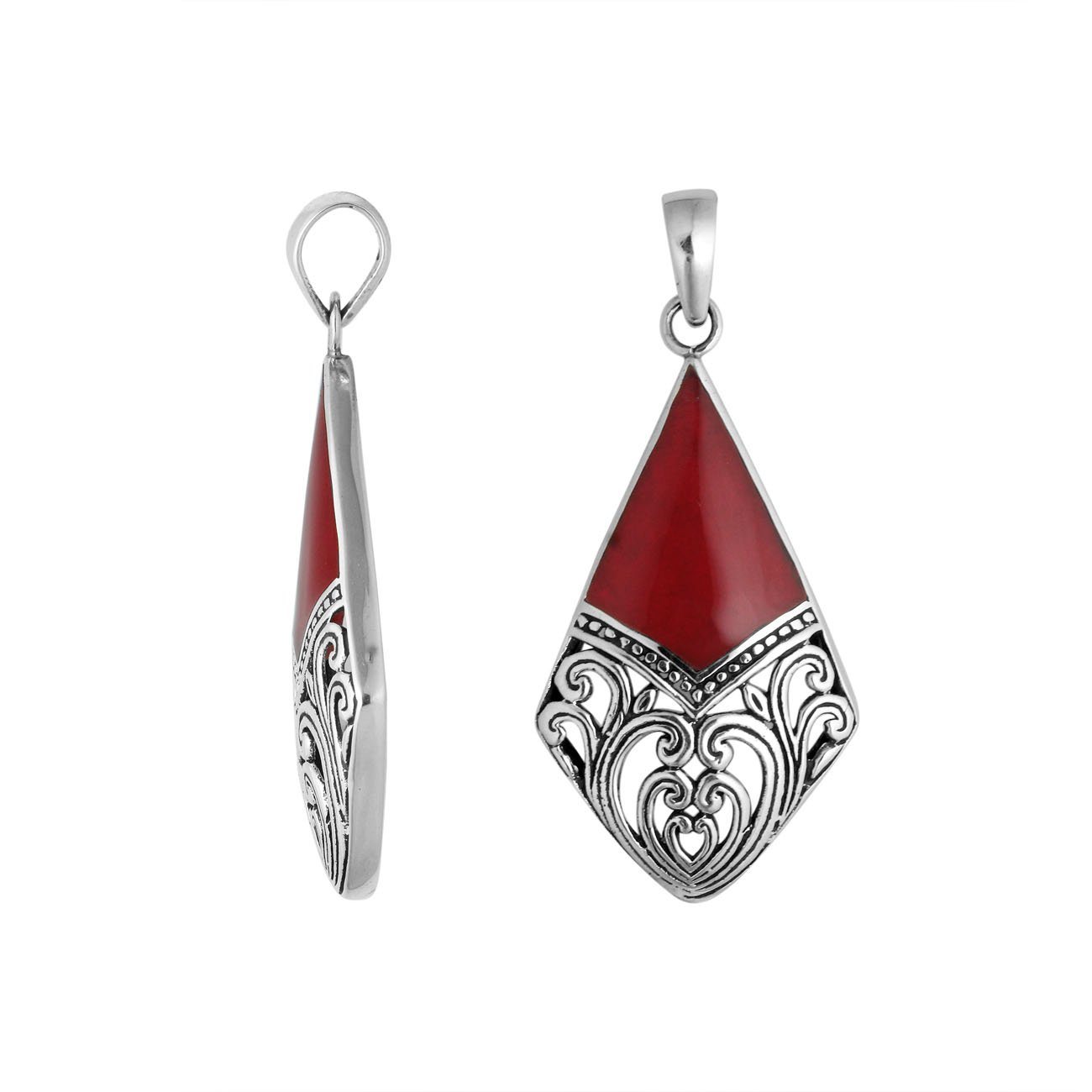 Handcrafted 925 Sterling Silver Diamond Pendant With Red Coral Inlay