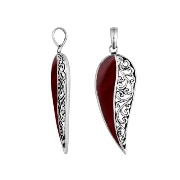 AP-6200-CR Sterling Silver Leaf Shape Pendant With Coral Jewelry Bali Designs Inc 