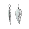 925 sterling silver long leaf pendant with mother of pearl and intricate Balinese scrollwork pattern