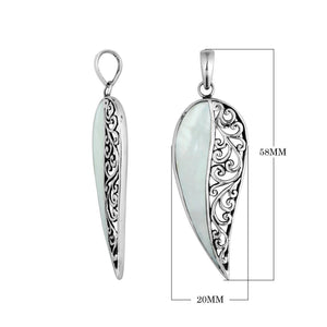 925 sterling silver long leaf pendant with mother of pearl and intricate Balinese scrollwork pattern