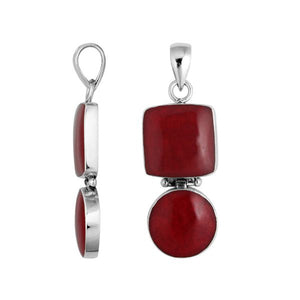 925 sterling silver pendant with red coral in square and round shapes connected by hinge
