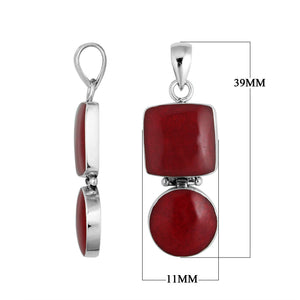 925 sterling silver pendant with red coral in square and round shapes connected by hinge