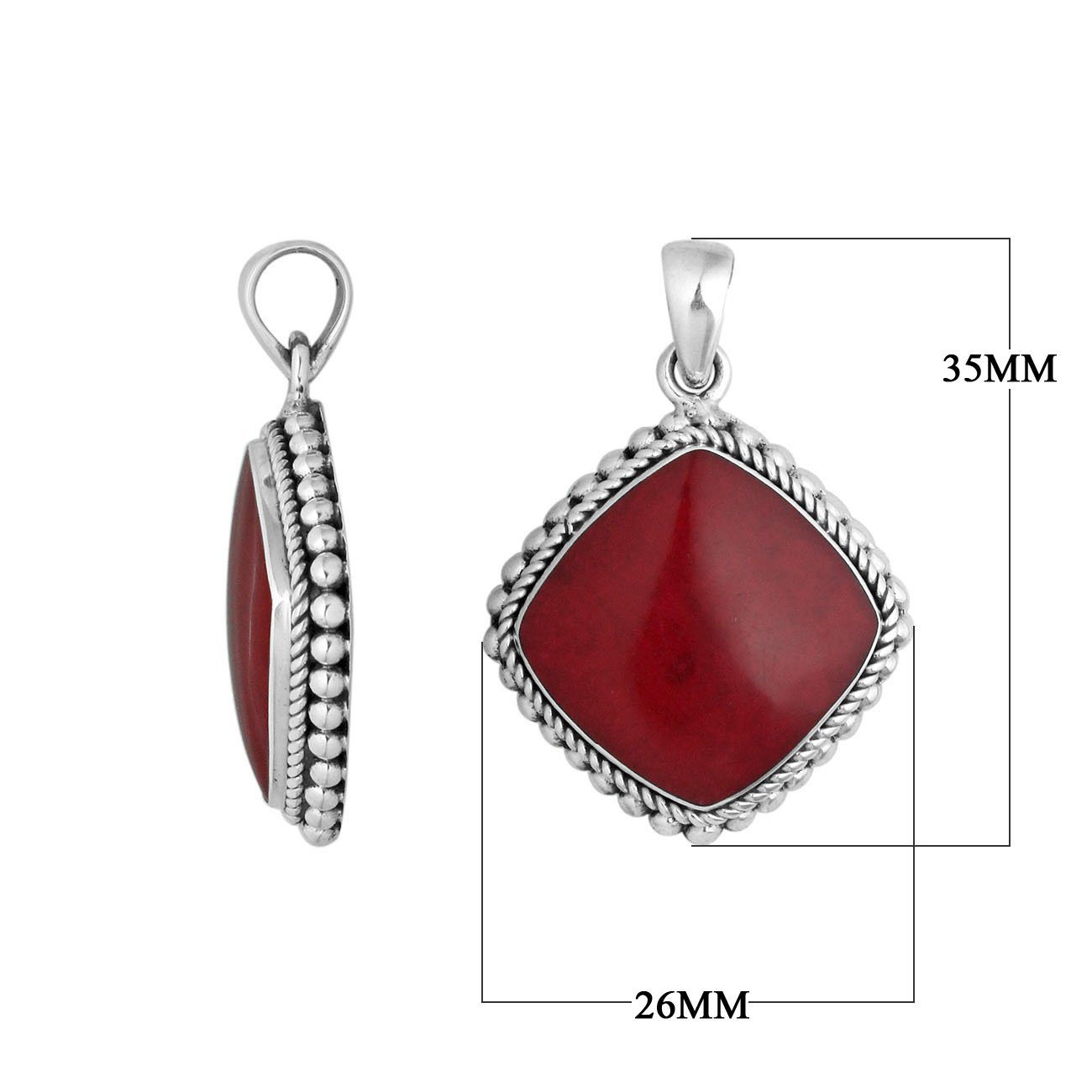 925 sterling silver pendant with red coral cushion shape and rope beaded border handcrafted in Bali