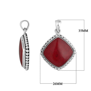 925 sterling silver pendant with red coral cushion shape and rope beaded border handcrafted in Bali