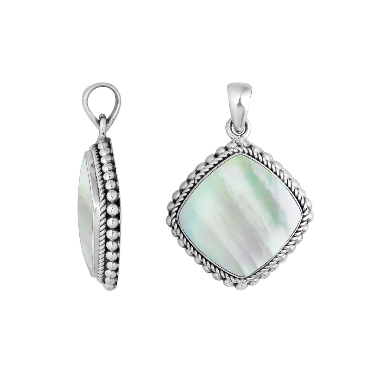 925 sterling silver pendant with mother of pearl cushion shape and rope beaded border handcrafted in Bali