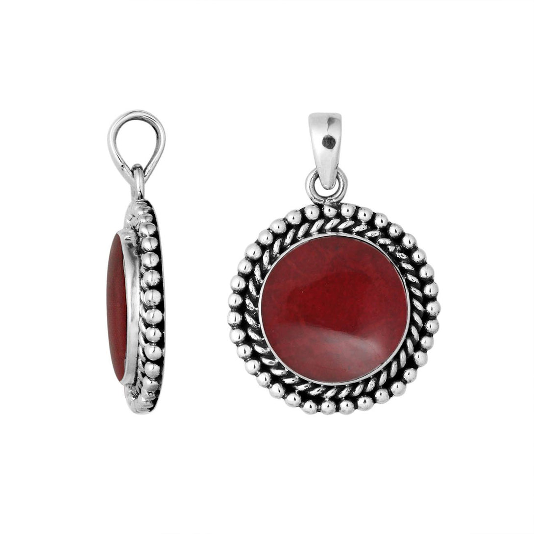 AP-6211-CR Sterling Silver Round Shape Pendant With Coral Jewelry Bali Designs Inc 