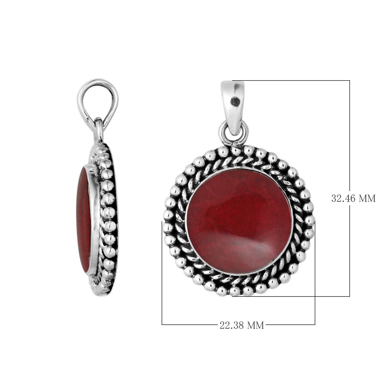 925 sterling silver round pendant with red coral and rope beaded border handcrafted in Bali