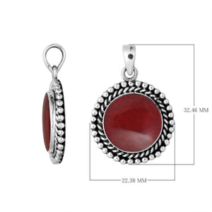 925 sterling silver round pendant with red coral and rope beaded border handcrafted in Bali