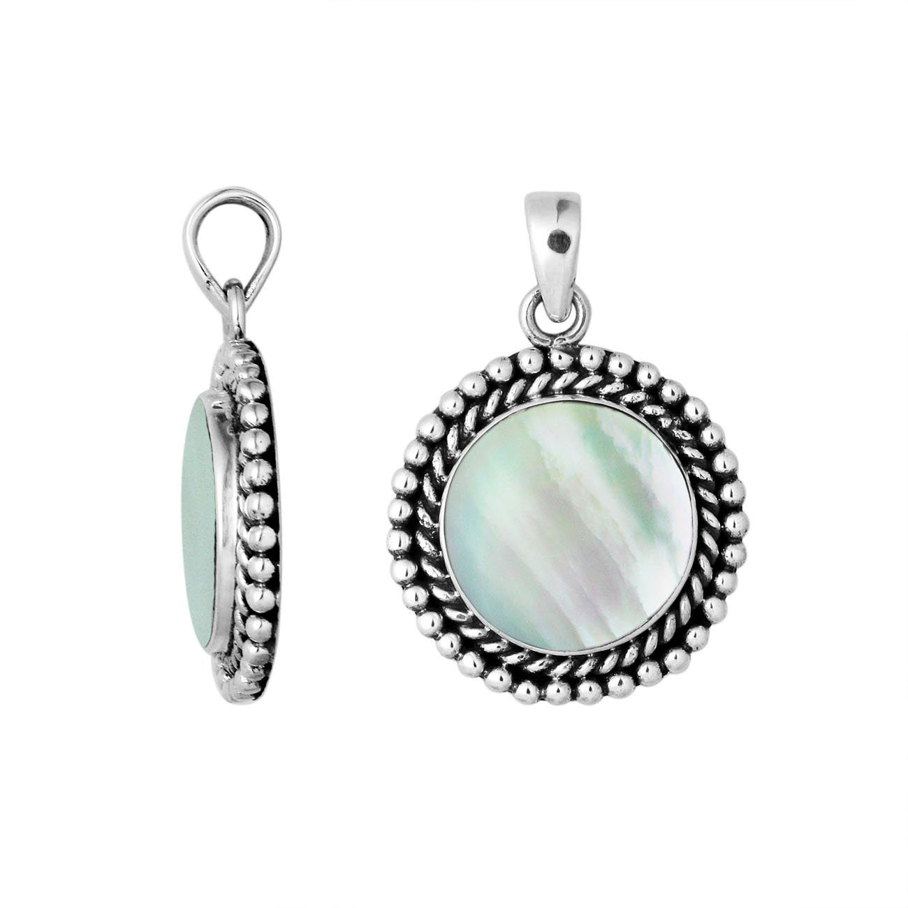 925 sterling silver round pendant with mother of pearl and rope beaded border handcrafted in Bali