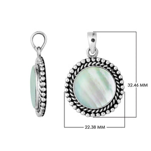 925 sterling silver round pendant with mother of pearl and rope beaded border handcrafted in Bali