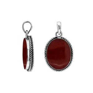 925 sterling silver oval pendant with red coral and twisted rope frame handcrafted in Bali