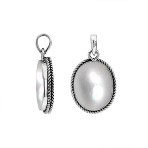 925 sterling silver oval pendant with mother of pearl and twisted rope frame handcrafted in Bali