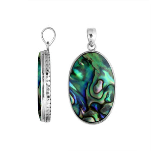925 sterling silver oval pendant with abalone shell and hammered edge handcrafted in Bali