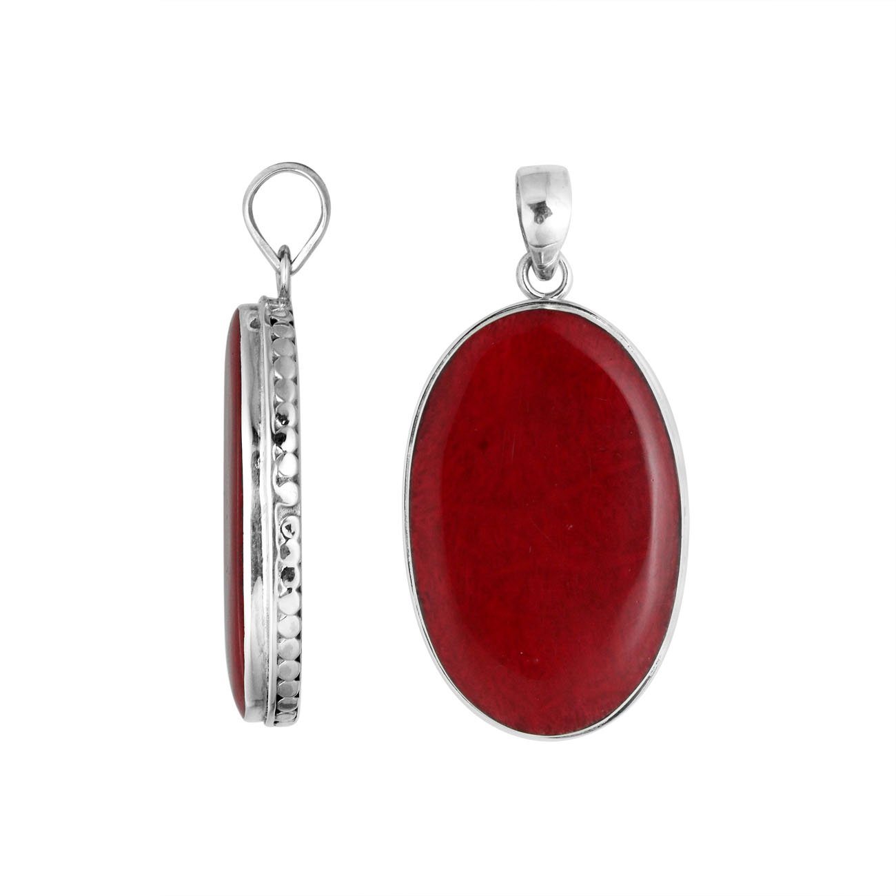 925 sterling silver oval pendant with red coral and hammered silver edge handcrafted in Bali