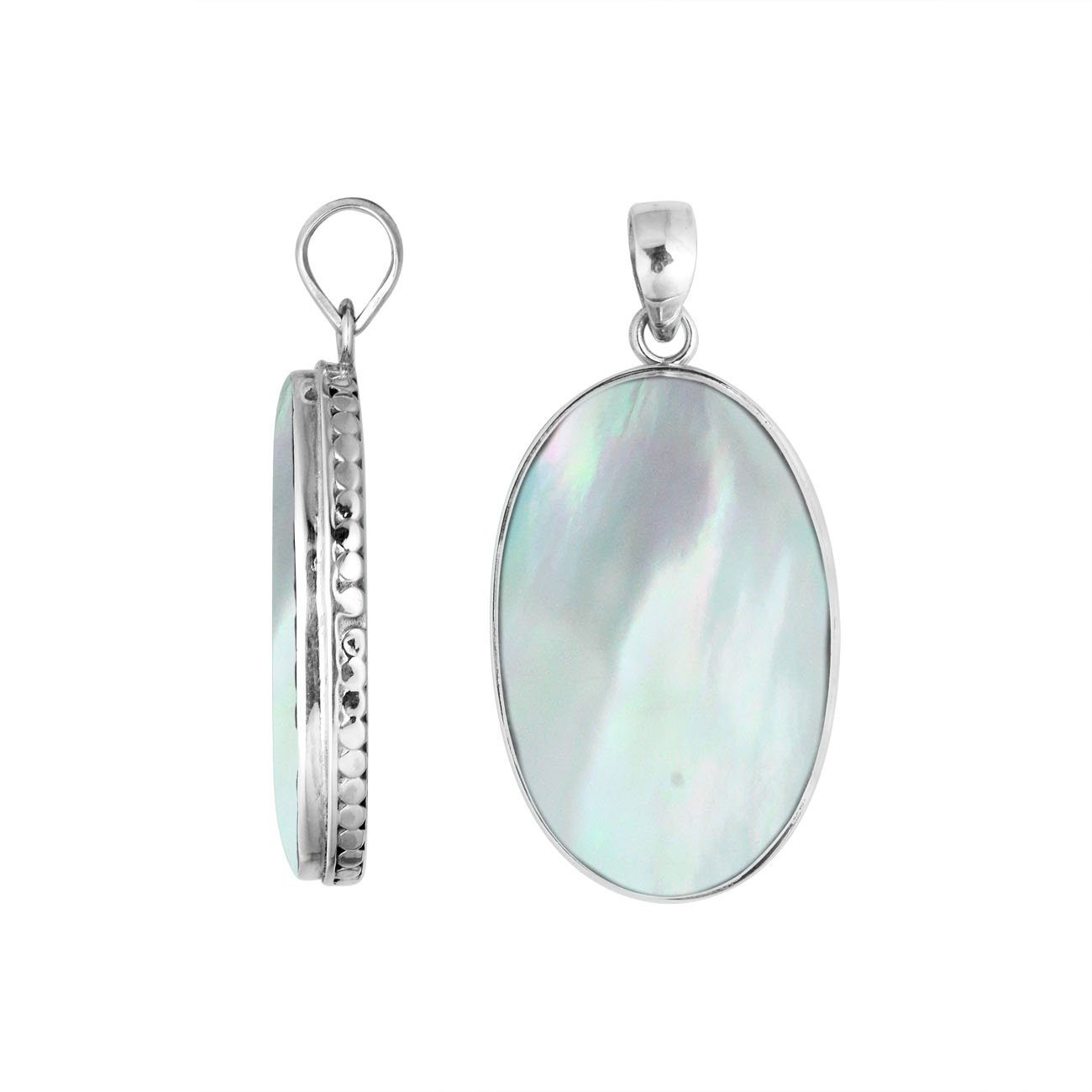 925 sterling silver oval pendant with mother of pearl and hammered silver edge handcrafted in Bali
