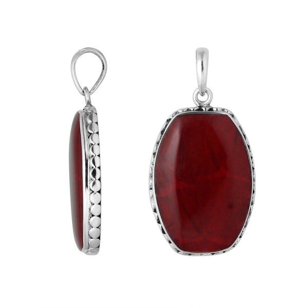 925 sterling silver octagon pendant with red coral and hammered silver edge handcrafted in Bali